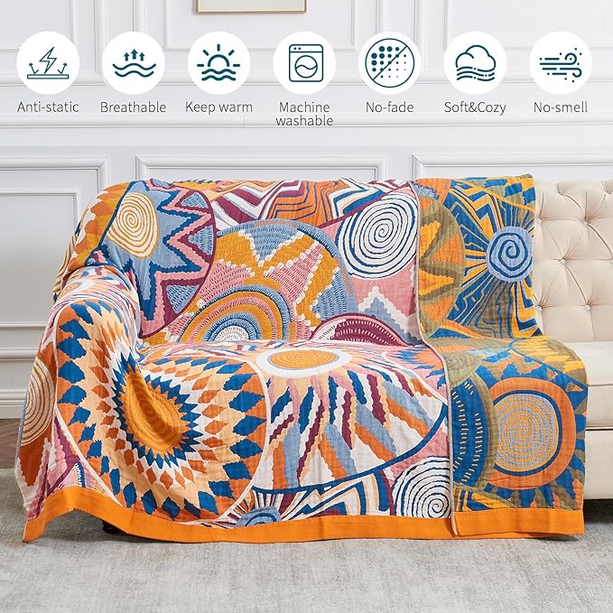 Boho Throw Blanket for Bed-100% Cotton Soft Breathable Farmhouse Decor Boho Quilt for Sofa (Colorful Sun, 60"x80")