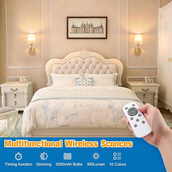 NIORSUN 13.8 inch Battery Operated Wall Sconce Set of 2,Gold Rechargeable Wall Lights with 5200mAh Dimmable Detachable Bulbs and Remote,9 Colors Wireless Sconces for Bedroom Living Room Hallway