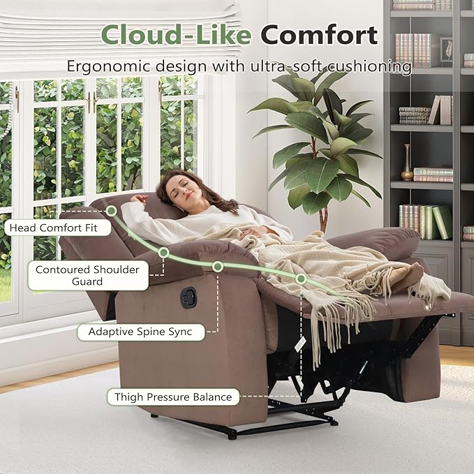 ANJ Fabric Recliner Chair with Overstuffed Arm and Back, Comfy Chocolate Manual Reclining Chairs for Adults, Living Room Single Sofa Recliners