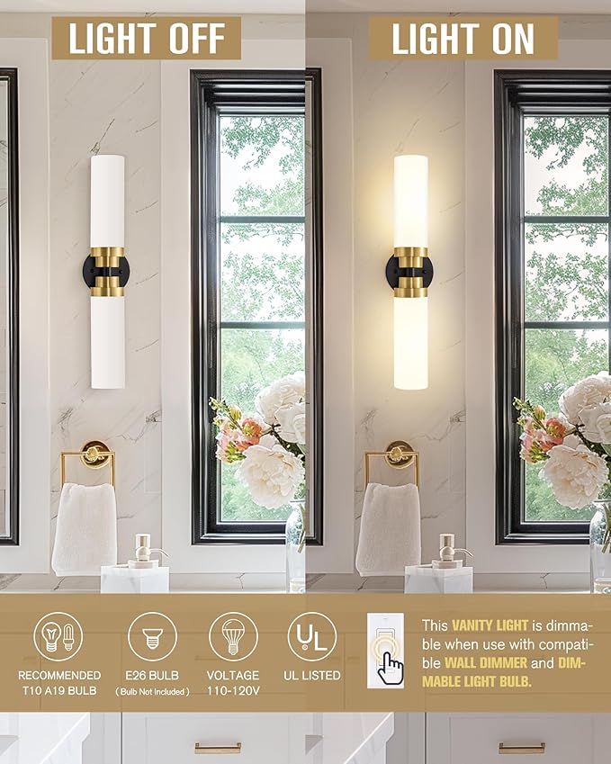 Emak Modern 22 Inch Bathroom Light Fixtures Over Mirror, Black Gold Vanity Lights with Milk Glass Shade, 2-Light Wall Sconce for Bathroom, Bedroom, Hallway, VL085-BKBGD-ML-2