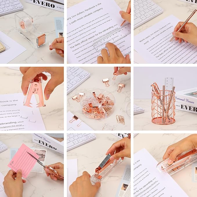 EOOUT Rose Gold Desk Accessories, Office Supplies and Accessories Set, Acrylic Stapler Set, Staple Remover, Phone Holder, Pen Holder, Scissor, Ruler, Transparent Tape