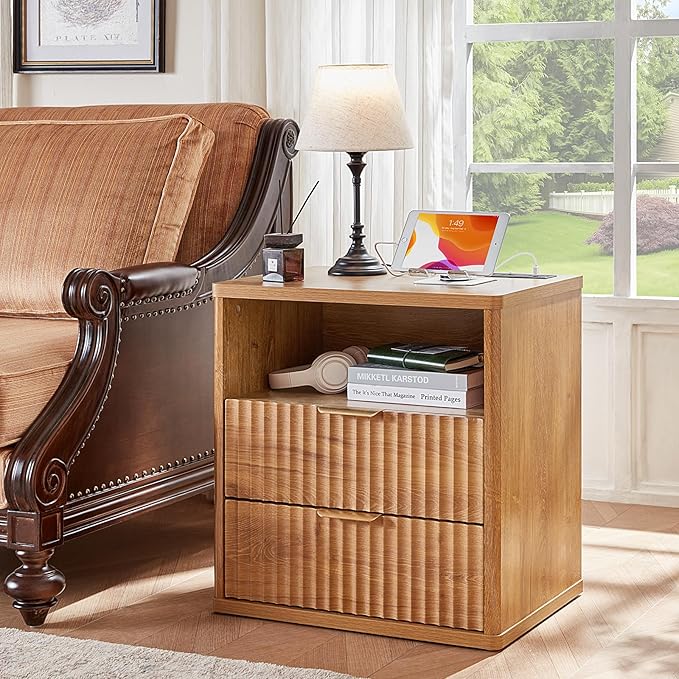 LEYAOYAO Fluted Nightstand with Charging Station, 23" Modern Night Stand with Woodgrain Top, 2 Drawers End Table w/Storage, Bedside Tables for Bedroom, Living Room, Curved Profile Design,Brown