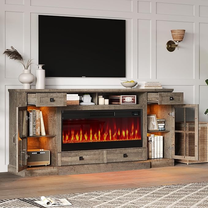 AMERLIFE 70” Fireplace TV Stand for 80 Inch TV, Farmhouse TV Stand with 42" Fireplace & LED Lights, Entertainment Center with Storage Drawers & Cabinets, Light Oak