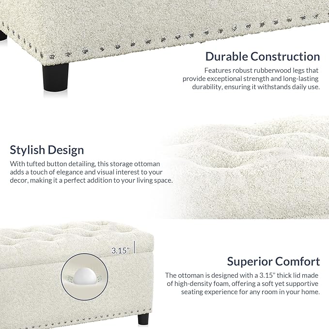 BELLEZE 47" Storage Ottoman, Storage Bench with Safety Close Hinge, Linen Button-Tufted Ottoman for Living Room, Entryway, Hallway, Foot Rest, Support 300lbs - White