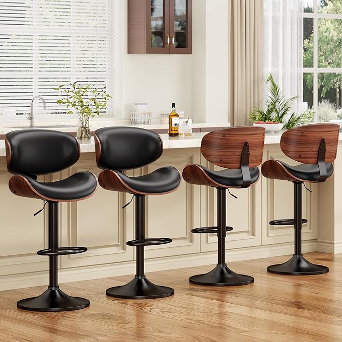 Bar Stools Set of 4, Bentwood Adjustable Height Swivel Bar Stools, PU Leather Upholstered Bar Chair with Back and Footrest for Bar, Kitchen, Dining Room, Black