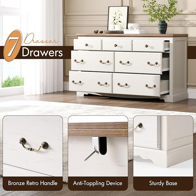 Farmhouse 7 Chest of Drawers for Bedroom, 54" Wide Wood Dresser with Bronze Retro Handles & 3D Drawer Fronts, Closet Dresser for Bedroom, Hallway, Antique White