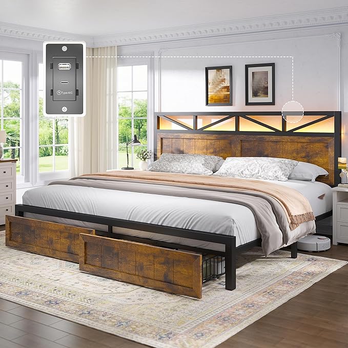 EnHomee Farmhouse King Size Bed Frame with 2 Storage Drawers & LED King Bed Frame Built in Charging Station,NO Noise,No Box Spring Needed,Brown