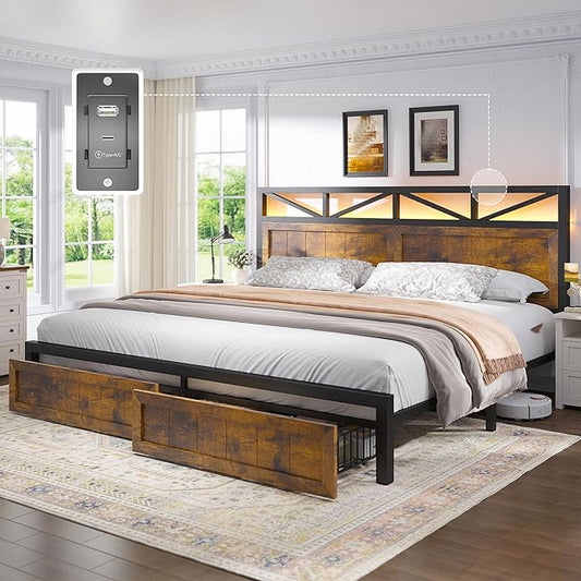 EnHomee Farmhouse King Size Bed Frame with 2 Storage Drawers & LED King Bed Frame Built in Charging Station,NO Noise,No Box Spring Needed,Brown