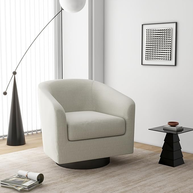 Swivel Barrel Accent Chair, Modern Round Linen Arm Chair for Living Room, Bedroom, Comfy Club Reading Chairs for Adults（Linen Fabric, Beige, Set of 1