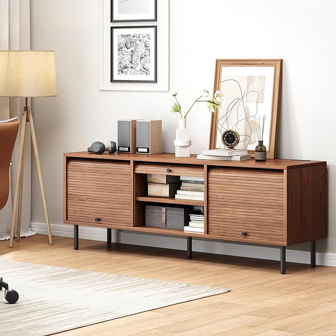 59 Inch TV Stand for TVs up to 65 Inch, Entertainment Center with Power Outlet, Mid-Century Modern TV Console with Storage, Adjustable Shelf & Sliding Doors, TV Stand for Living Room, Walnut