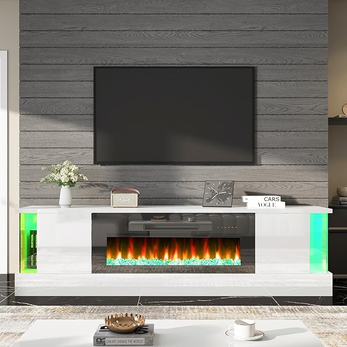 AMERLIFE High Gloss Fireplace TV Stand with 36" Fireplace, 70" LED Lights Entertainment Center with Flip Doors & Corner Glass Decor, Modern Console Table for TVs up to 80", Living Room, White