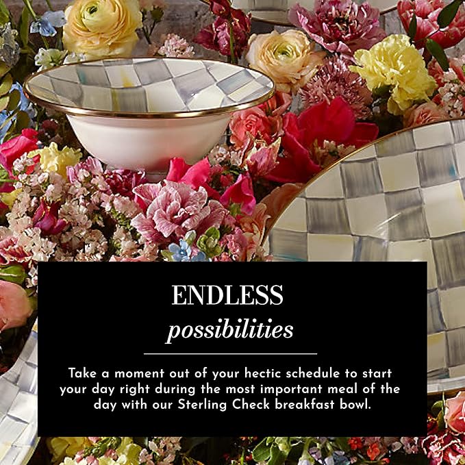 MACKENZIE-CHILDS Enamel Breakfast Bowl, Unique Soup Bowl or Cereal Bowl, Dinnerware, Gray-and-White Sterling Check, Set of 1