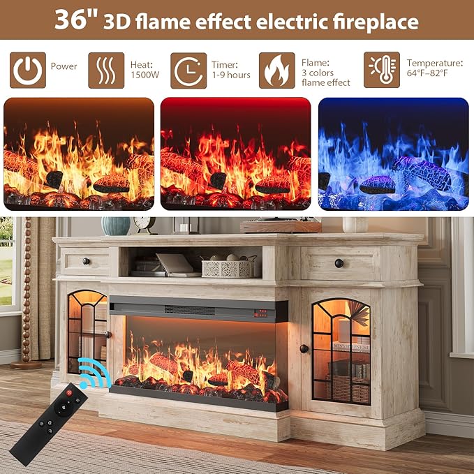 QUW 70" Farmhouse Fireplace TV Stand for TVs up to 80", Entertainment Center with 36" 3-Side Glass Electric Fireplace with Open Shelf and Cabinet, TV Console for Living Room, Antique Brush Grey