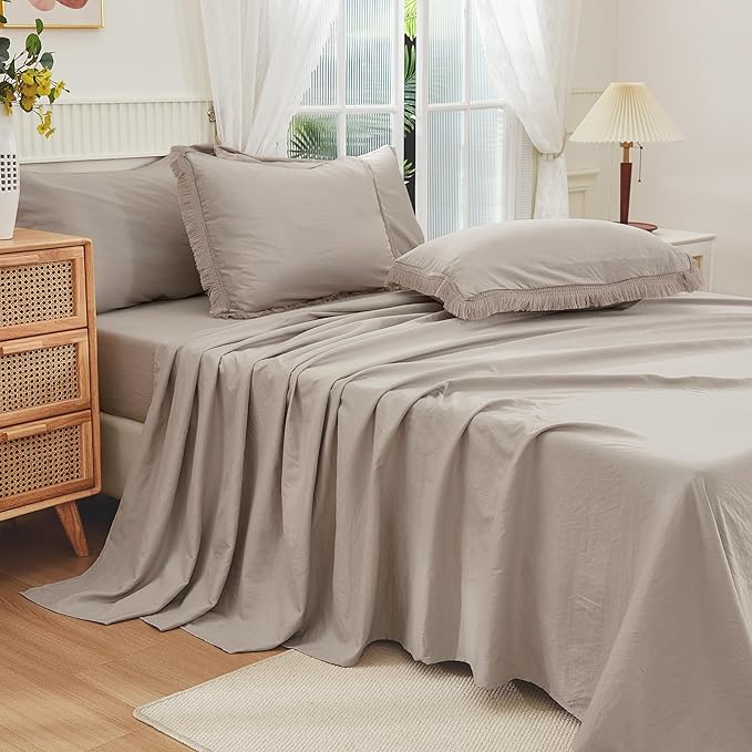 Andency Wheat California King Size Comforter Set with Sheets - 7 Pieces Boho Tassel Bed in a Bag Soft Lightweight Bedding Sets, Wheat Fringe Bed Set with Comforter, Sheets, Pillowcases & Shams