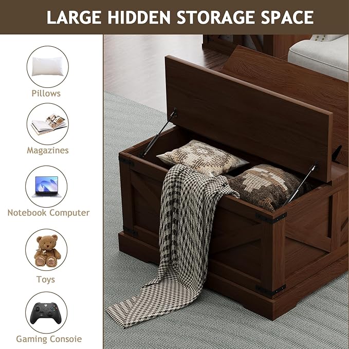 Farmhouse Coffee Table with Hidden Storage Compartment, Square Coffee Table for Living Room, Wood Center Table with Hinged Lifting Tabletop for Home, Rustic Brown