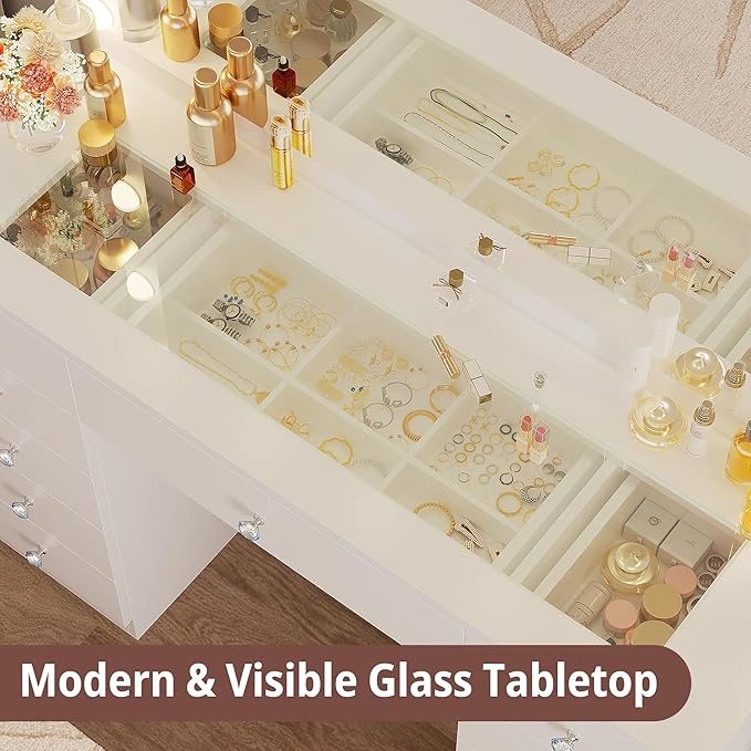 IRONCK 46'' Makeup Vanity Set with LED Mirror & Power Outlet - 11 Drawers, Glass Top, Hair Dryer Rack, Dressing Table with Storage Bench for Bedroom, 3 Lighting Color Adjustable, White