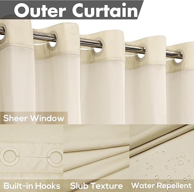 No Hook Slub Textured Shower Curtain with Snap-in PEVA Liner Set - 71" x 74"(72"), Hotel Style Beige Shower Curtain with See Through Top Window, Machine Washable & Water Repellent, Linen, 71x74