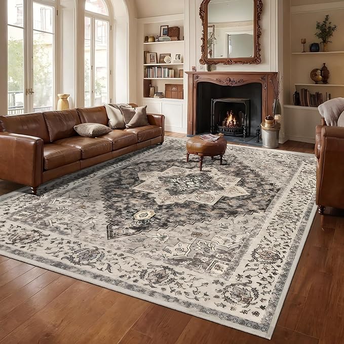 9x12 Vintage Area Rugs for Living Room, Washable Indoor Non Slip Large Area Rugs, Print Distressed Brown Carpet, Soft Low Pile Rug Foldable Floor Rug for Bedroom Dining Room Dorm