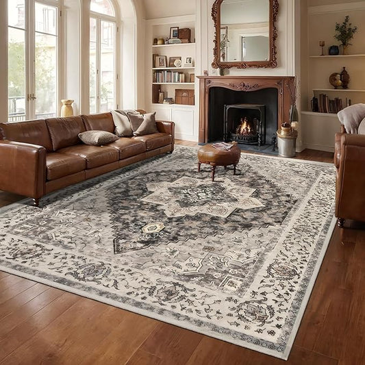 9x12 Vintage Area Rugs for Living Room, Washable Indoor Non Slip Large Area Rugs, Print Distressed Brown Carpet, Soft Low Pile Rug Foldable Floor Rug for Bedroom Dining Room Dorm