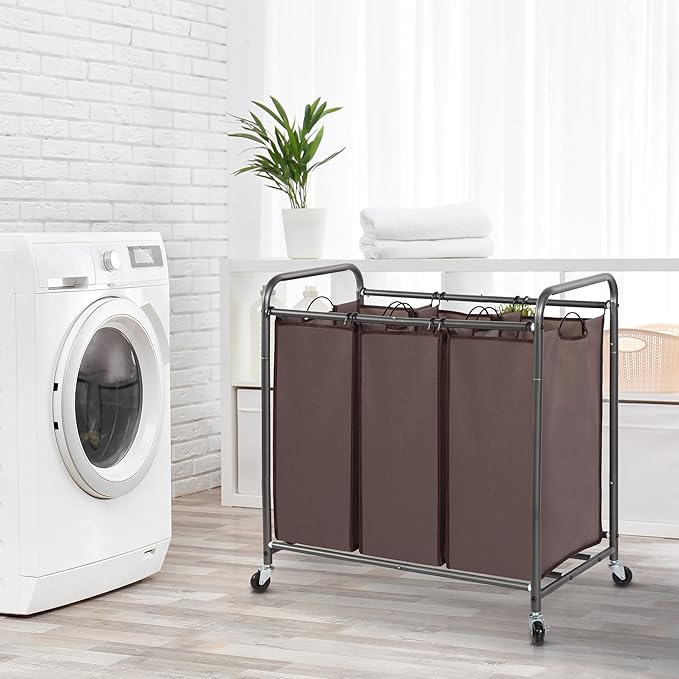 STORAGE MANIAC 3 Section Laundry Sorter, 35.9 Gal (136 L) Laundry Hamper Cart with Heavy Duty Rolling Lockable Wheels and Removable Bags, Clothes Organizer Basket Clothes Separator Hamper, Brown
