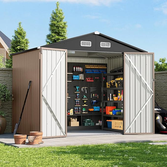 8x6 FT Outdoor Storage Shed with Floor & Lockable Double Doors, Heavy-Duty Galvanized Steel Outdoor Metal Shed for Bike, Tool, Generator Storage in Backyard, Patio (8’x6’, Floor)