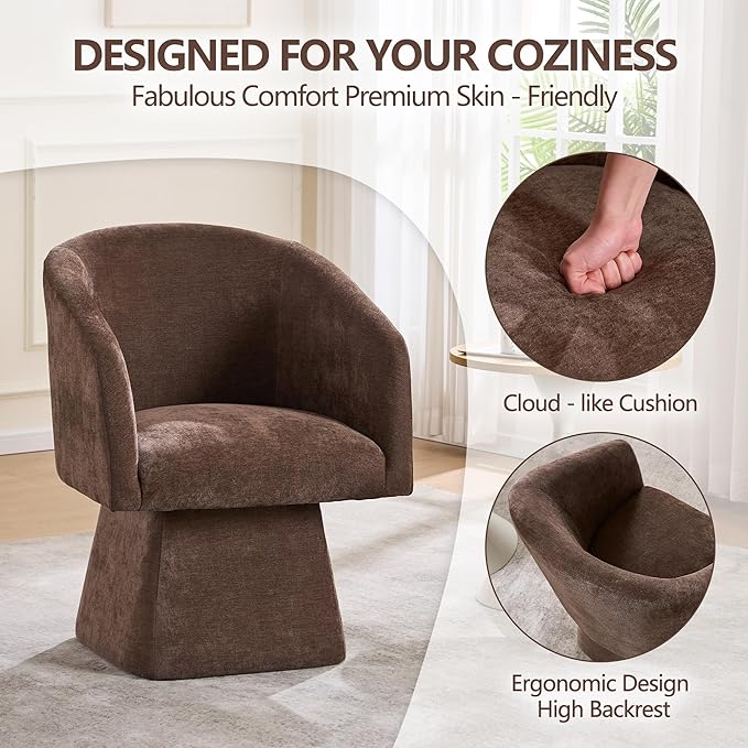 Swivel Modern Accent Chair,Luxury Fabric Upholstered Makeup Chair Comfy Barrel Chair with No Wheels,360°Rotating Vanity Armchair for Living Room Bedroom Office(Brown)