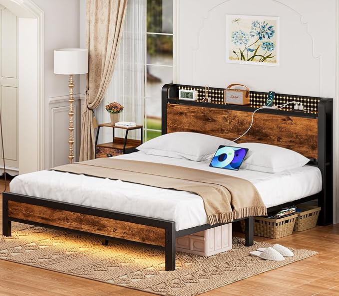Furnulem Queen Bed Frame with Charging Station and LED Lights,Industrial Platform Beds Queen Size with Storage Headboard,USB Port,Rustic Wood and Strong Metal Support,No Box Spring Needed, Noise Free