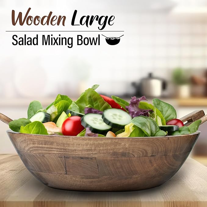 Crocon Wooden Salad Bowls Set, Round Serving Bowl for Fruits or Salads, Cereal, Corn Flake, Pasta Large Wood Serving Bowl, 10" Big Salad Bowl With Serving Utensils