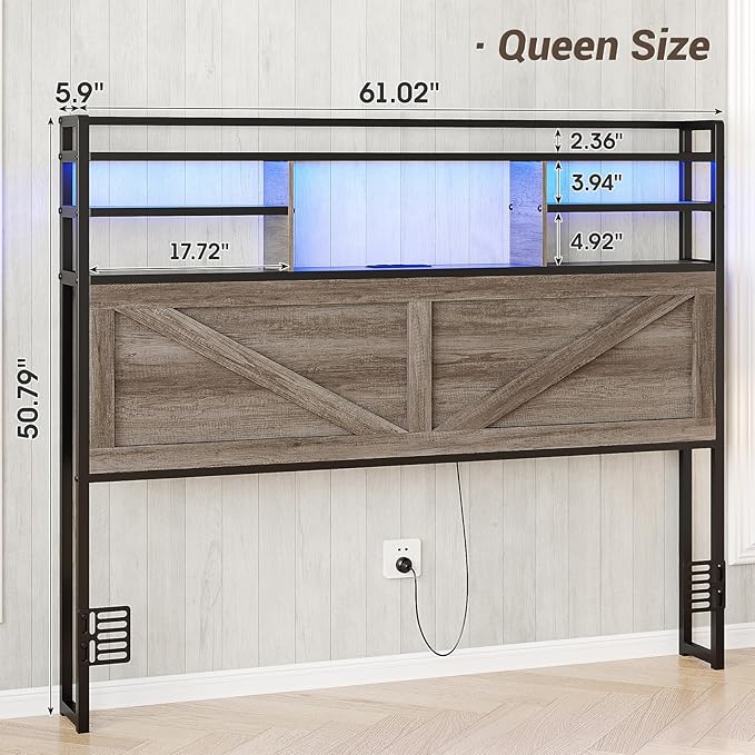 Headboard for Queen Size Bed with Storage, Headboards with Power Outlets and RGB LED Light, Sturdy Queen Size Headboard, Stable Head Board with Bed Adapter for Bedroom/Dorm/Guest Room