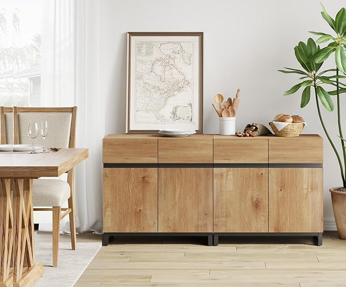 WAMPAT Modern TV Stand for 75-110 Inch TVs, Wooden Entertainment Center Console With Metal Base and Adjustable Shelves for Living Room, Bedroom, 63 Inch, Oak