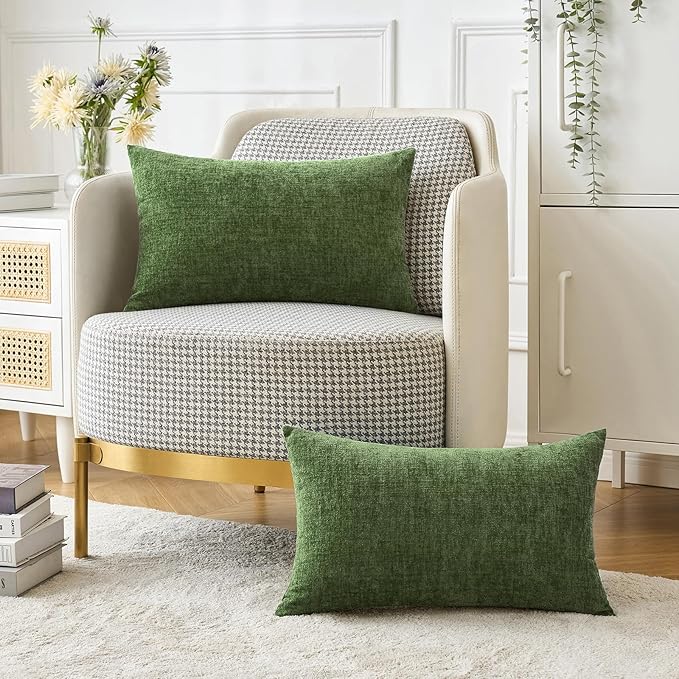 MIULEE Pack of 2 Couch Throw Pillow Covers 12x20Inch Soft Moss Green Spring Chenille Pillow Covers for Sofa Living Room Solid Dyed Pillow Cases
