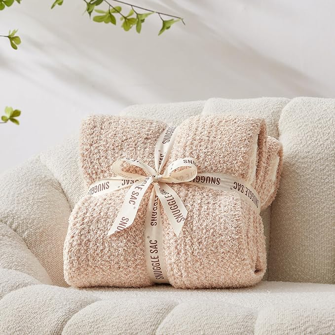 Snuggle Sac Heather Beige Throw Blanket for Couch, Ultra Soft Warm Blankets Cozy Knit Fuzzy Plush Lightweight Throw XL Size for Sofa, Bed, Heather Beige, 50x70 inches