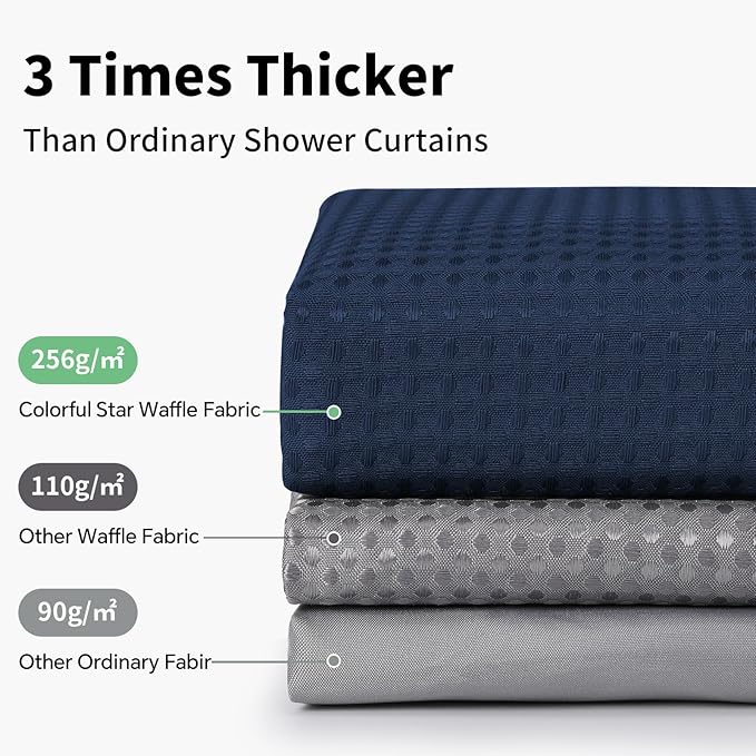 Colorful Star Small Stall Waffle Weave Shower Curtains, 256GSM Heavy Duty Shower Curtain with Snap in Fabric Liner, Hotel Style No Hook Waterproof Bathroom Curtain Set, 36 x 75 Inch, Navy Blue
