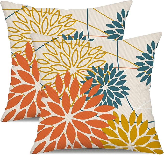 Orange and Yellow Floral Pillow Covers 16x16 Set of 2 Fall Outdoor Waterproof Decorative Throw Pillows Summer Pillowcovers Polyester Cushion Case Decor for Couch Patio Funiture Garden Porch 01Q16