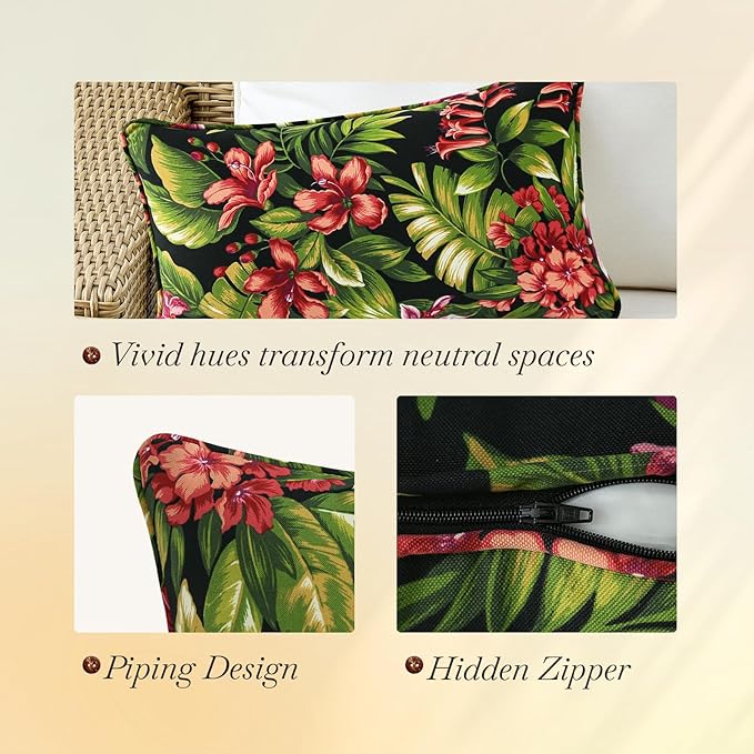 Outdoor Decorative Pillows Pack of 4, 20" x 12" Outdoor Pillow Set for Couch Bed Throw Patio Sofa, Red Flower Green Leaf