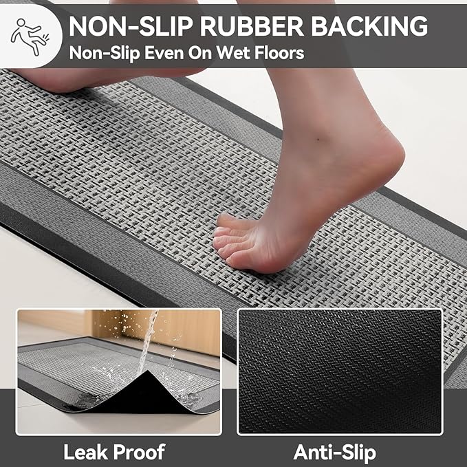 Non Slip Thin Bath Mat Bathroom Rugs, Rubber Backing Ultra Thin Bathroom Rug Fit Under Door, Quick Dry Super Absorbent Washable Shower Bath Mats, Grey 16x24