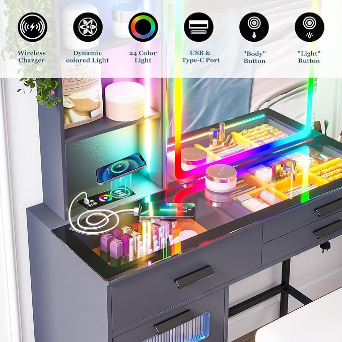 RGB Vanity Desk with Sliding Mirror and Lights, LED Makeup Vanity with Charging Station/Motion Sensor Light, Glass Top Dressing Table Set with Jewelry Box,6 Drawers,Stool for Bedroom(Grey)