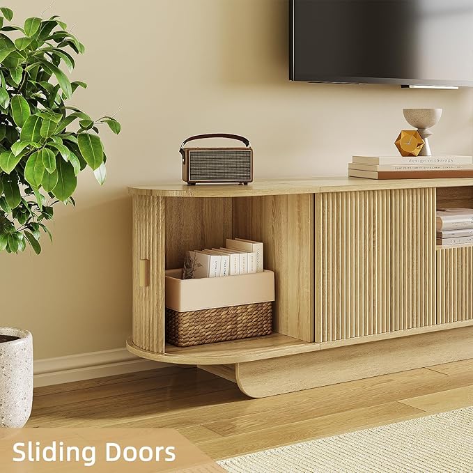 86.61'' Tambour TV Stand for 55-85 Inch, Modern Entertainment Center with Large Storage Cabinet & Open Shelves, TV Console with Sliding Doors for Living Room, Bedroom, Natural