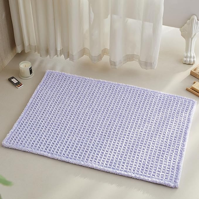 Waffle Bath Mat, Boho Bathroom Rugs Non Slip Washable Super Absorbent Quick Dry Cute Bath Mat Farmhouse Bathroom Decor, 36''x24'' Lavender Cream