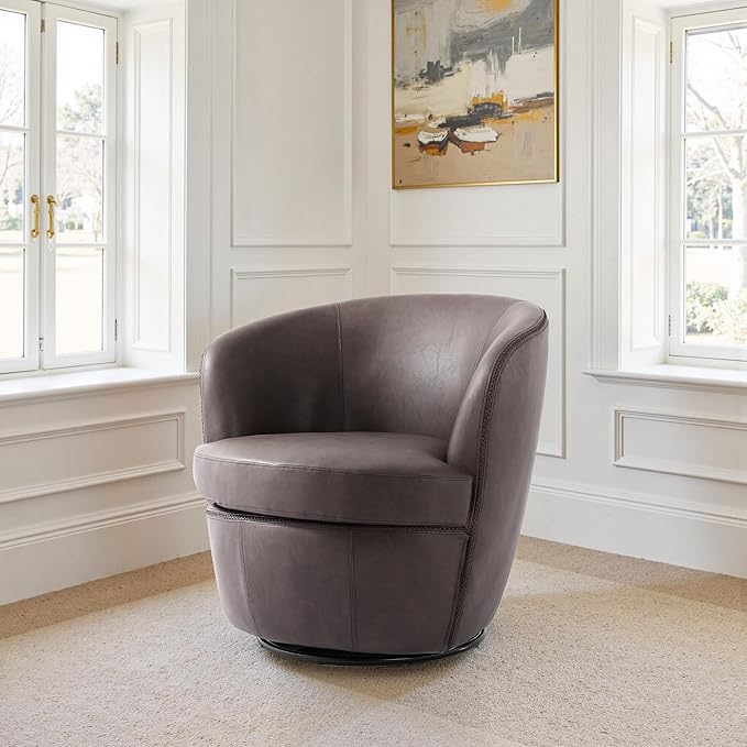 Swivel Barrel Chair, Modern Round PU Leather Accent Armchair for Living Room, Bedroom, Comfy Club Reading Chairs for Adults (Leather Chocolate, Set of 2)