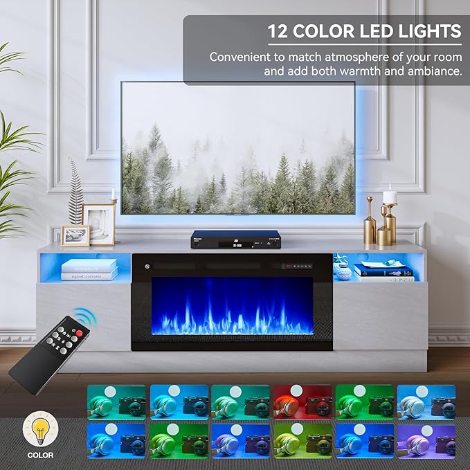 oneinmil 70” TV Stand with 36” Electric Fireplace, Large Modern Media Entertainment Center with Storage Cabinet and 12 Colors LED Lights for TVs Up to 80", Gray TV Stand and Black Fireplace