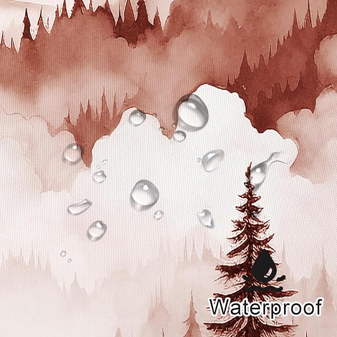 Burgundy Misty Pine Forest Shower Curtain, Mountain Foggy Woodland Scenery Tree Shower Curtains for Chic Rustic Bathroom, Abstract Modern Waterproof Nature-Themed Decor, 72x72 Inches