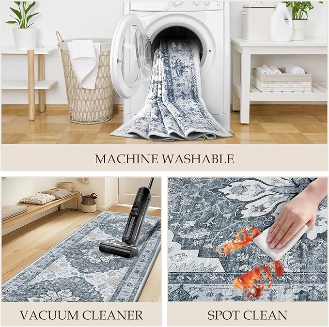 Area Rugs 4ft Washable Non-Slip, Floral Vintage Distress Print Pattern Medallion Carpet for Living Room Bedroom Dining Room, Light Gray Grey White