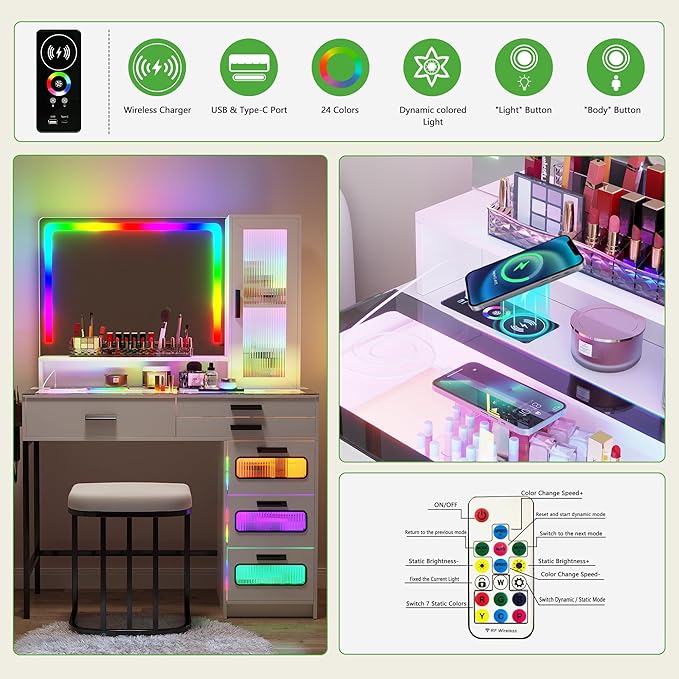 HENBC Vanity with Mirror and LED Lights, Glass Top Vanity Desk with Charging Station(Wireless+USB+Type-C), RGB Makeup Table Set with Stool/Makeup Organizer/6 Drawers for Bedroom,White