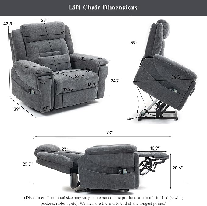 Big Man Power Lift Recliner for Elderly Adults 28 Inch Wide Seat, Lay Flat Lift Chair with Heat Massage, Cup Holder & Wireless Phone Charger, USB Type C Charging, Big Tall 400 lbs