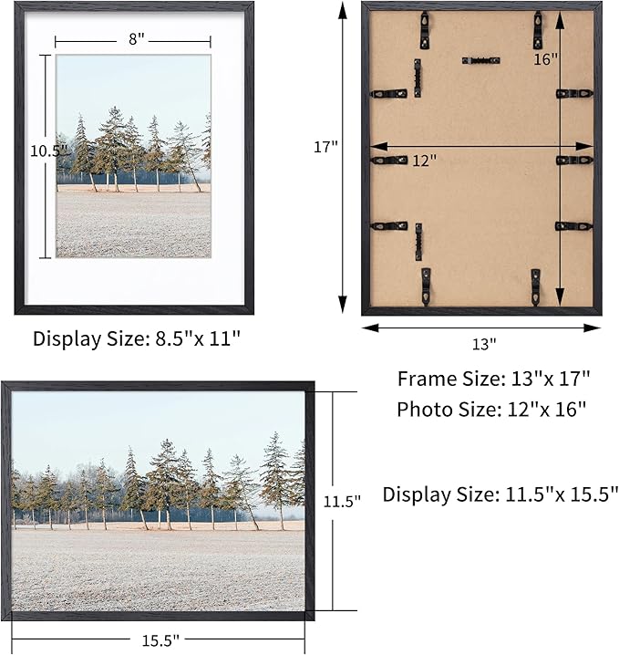 Axeman 12x16 Picture Frame with Mat for 8.5x11, Solid Oak Wood Frame with Tempered Real Glass, Wooden Certificate Document Frame for Wall with Wall Hook Included, Set of 2, Black