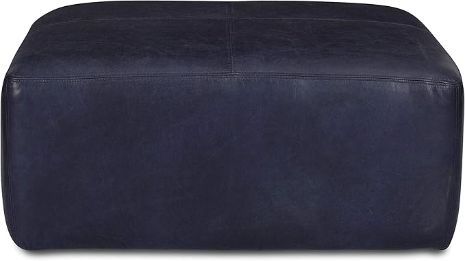 Poly & Bark Sequoia Ottoman – 35” Square Pouf with Feather-Down Topper – Full-Grain Leather Upholstered Pouf Ottoman for Living Room – Italian Leather in Midnight Blue