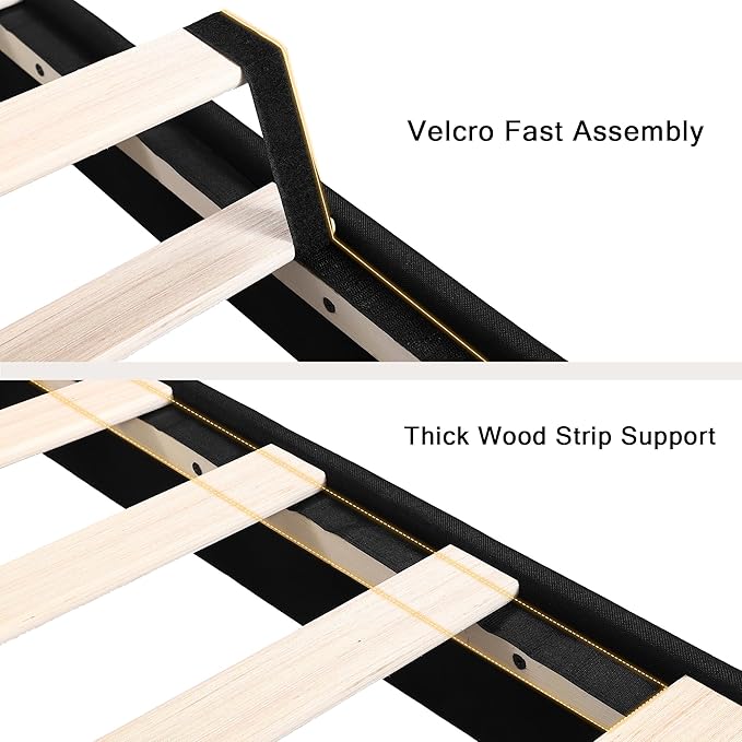 Queen Upholstered Bed Frame with Headboard, Button Tufted Linen Bed Base, Platform Bed with Wood Slat, Heavy Duty, Easy Assembly, No Box Spring Needed, Black