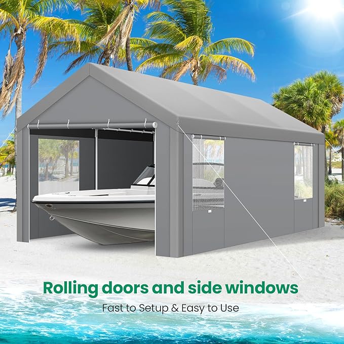 COBIZI Carports 10x20 Heavy Duty Car Canopy Garage with Removable Sidewalls & Doors, Galvanized Frame Portable Carport Canopy with Built-in Sandbags & All-Season Tarp for Car Boat Truck, Gray