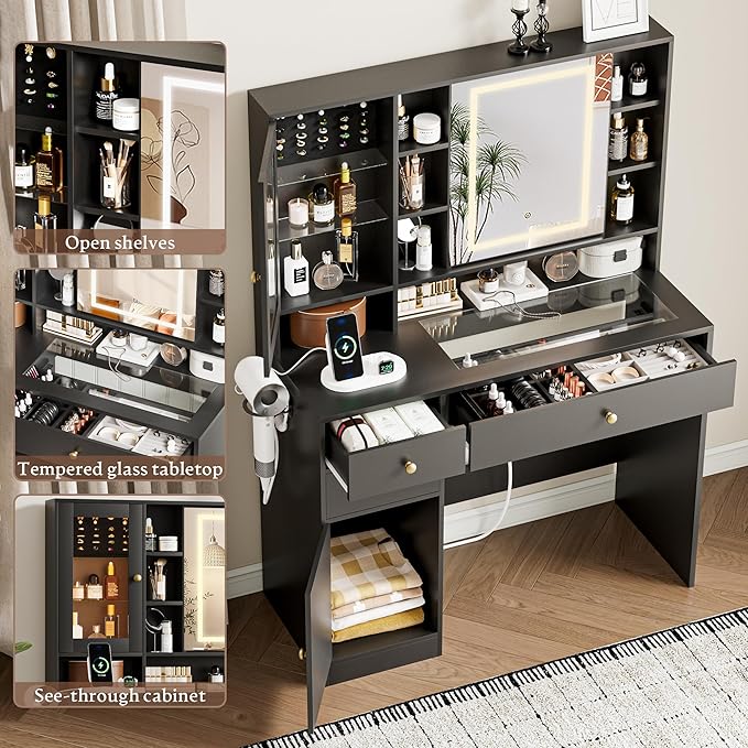 Vanity Desk with Mirror and Lights Makeup Vanity Desk with Lights 3 Colors 38" Dressing Table with Drawer and Cabinet for Bedroom Transparent Glass Top Power Outlet for Bedroom Black
